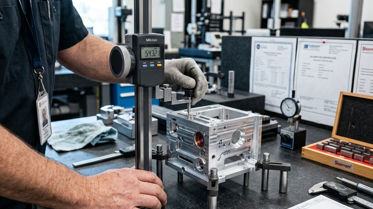 Engineering inspector using a height gauge on a surface plate to verify reference datums on a precision-machined aluminum housing held by locator pins