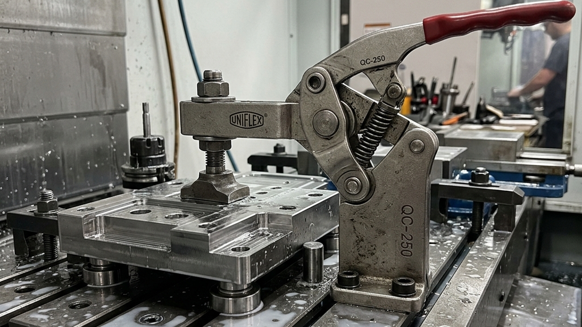 Close-up photo of a quick-clamp swing arm clamping down on a workpiece resting on ground rest buttons on a precision fixture in a CNC workshop