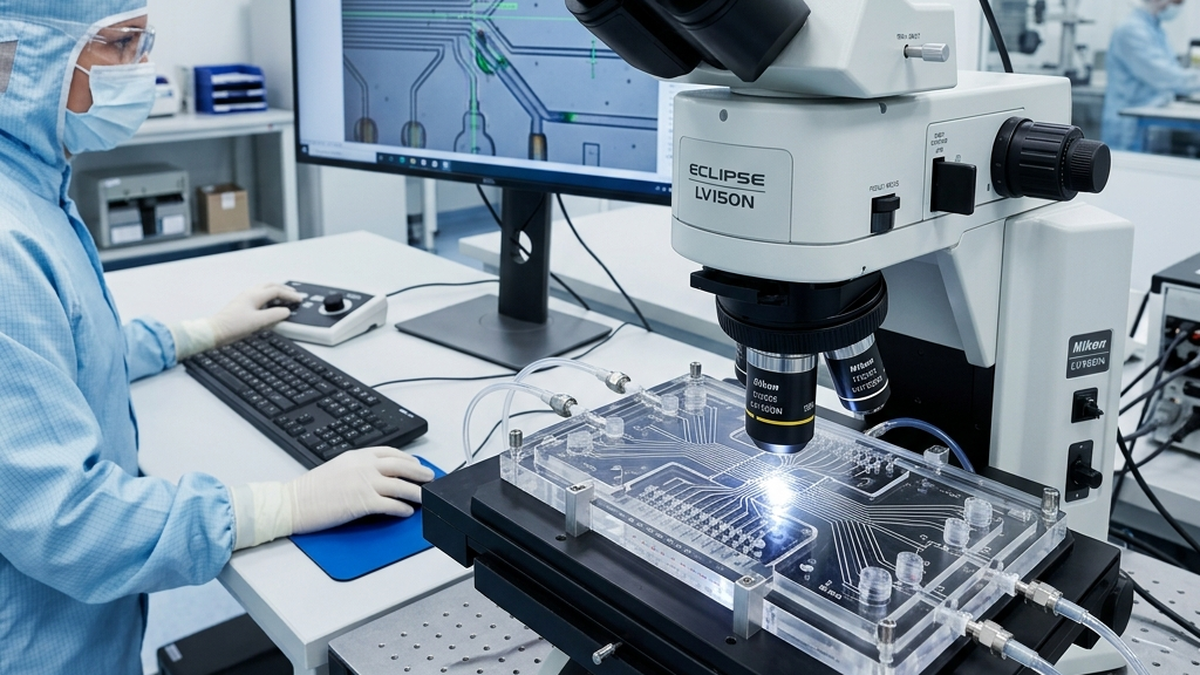 Microfluidic medical manifold component under a high-magnification metrology microscope in a clean room quality lab