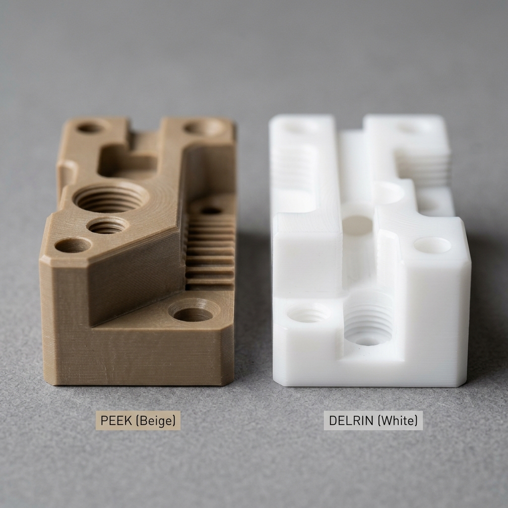 Beige PEEK and white Delrin CNC machined components on a workshop workbench