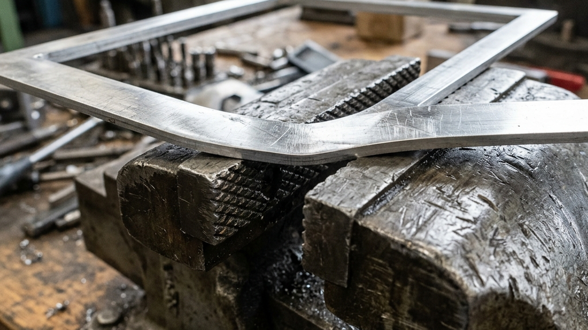Macro photo of a thin metal frame clamped in standard steel vise jaws showing slight warpage from excessive clamping pressure