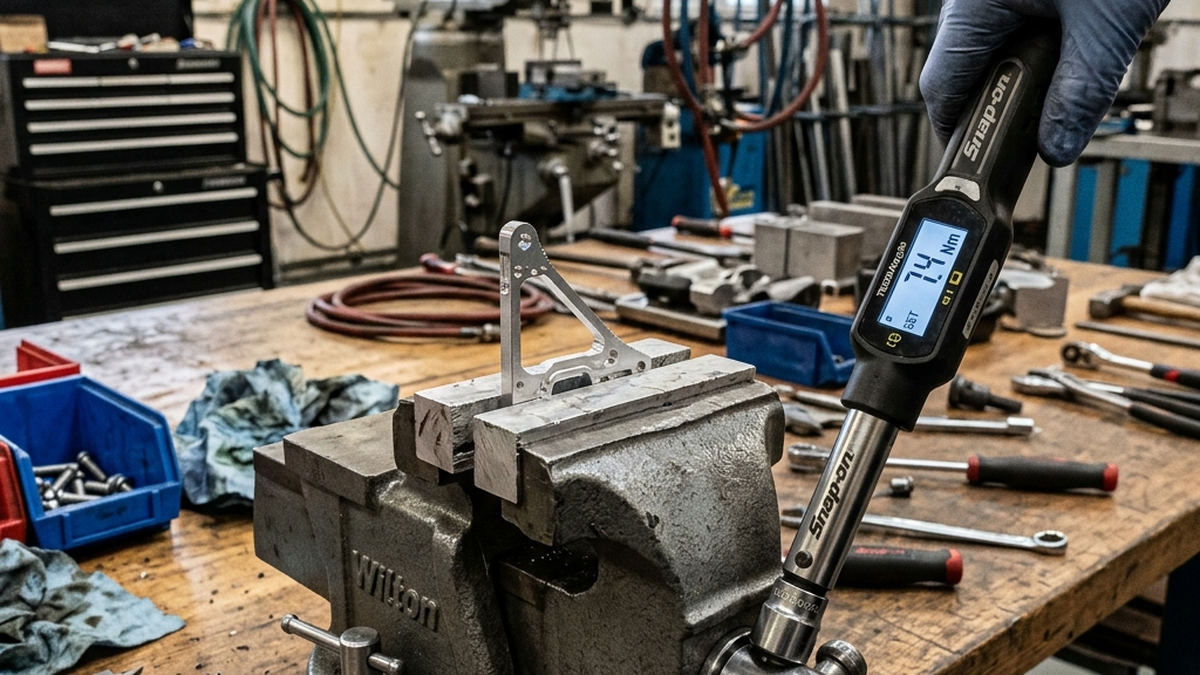 Detailed photograph of a digital torque wrench tightening a vise handle holding a delicate thin-walled component to a low, precise force value