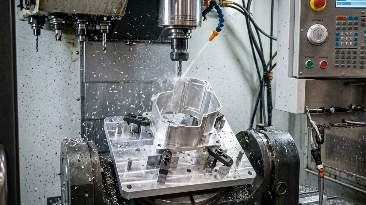 High-fidelity photograph of a CNC mill machining a thin-walled part using a custom aluminum fixture plate with soft clamps and low-pressure locators under mist coolant