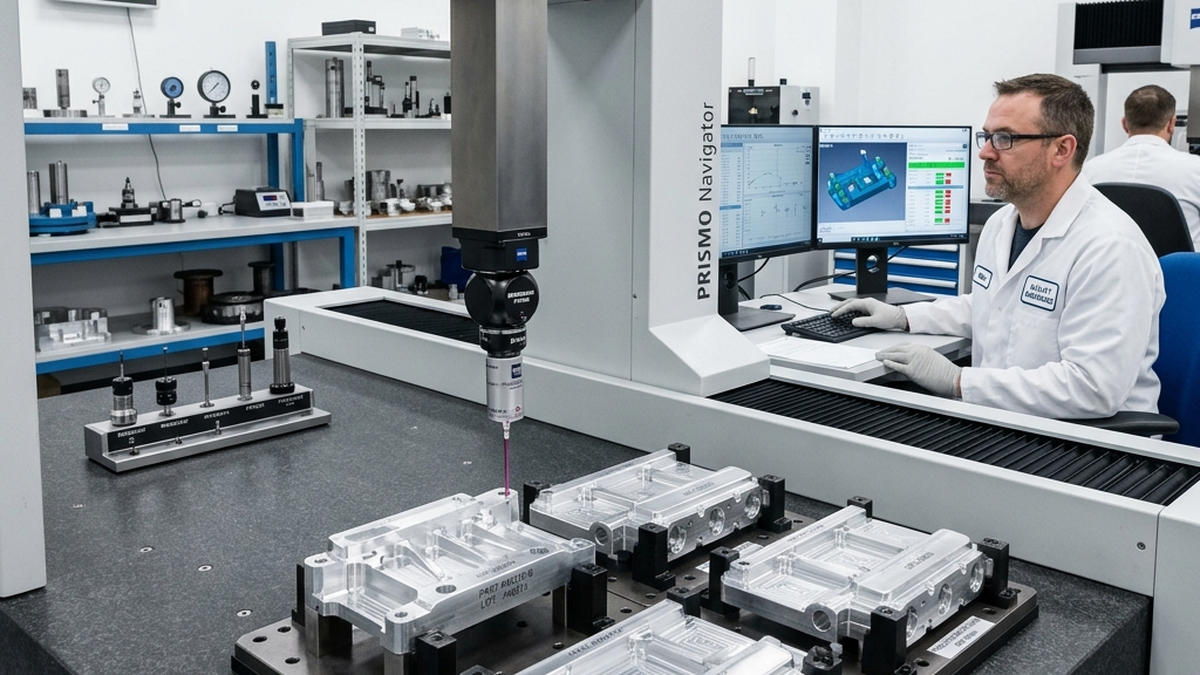 Precision coordinate measuring machine CMM ruby probe verifying dimensions of a batch of production machined parts in a quality assurance lab