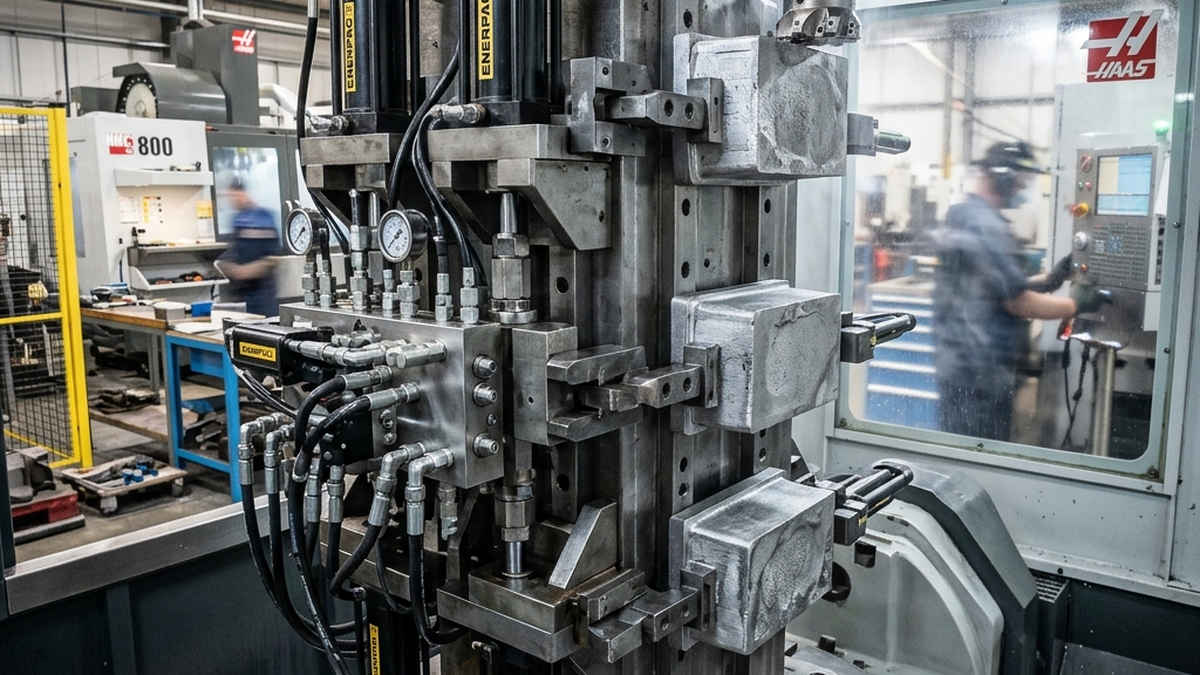 Heavy hydraulic multi-part clamping fixture securing several raw metal blocks on a horizontal CNC machining center tombstone inside a production workshop