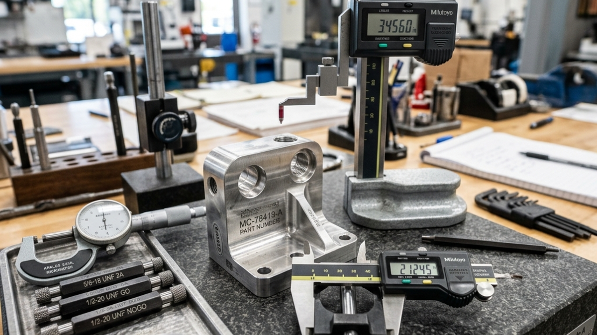 Metrology inspector's workbench with precision machined components, micrometer calipers, height gauges, and thread plug gauges on a granite surface plate