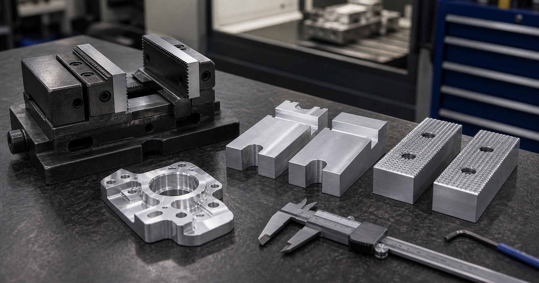 Hard jaws and aluminum soft jaws arranged beside a CNC vise