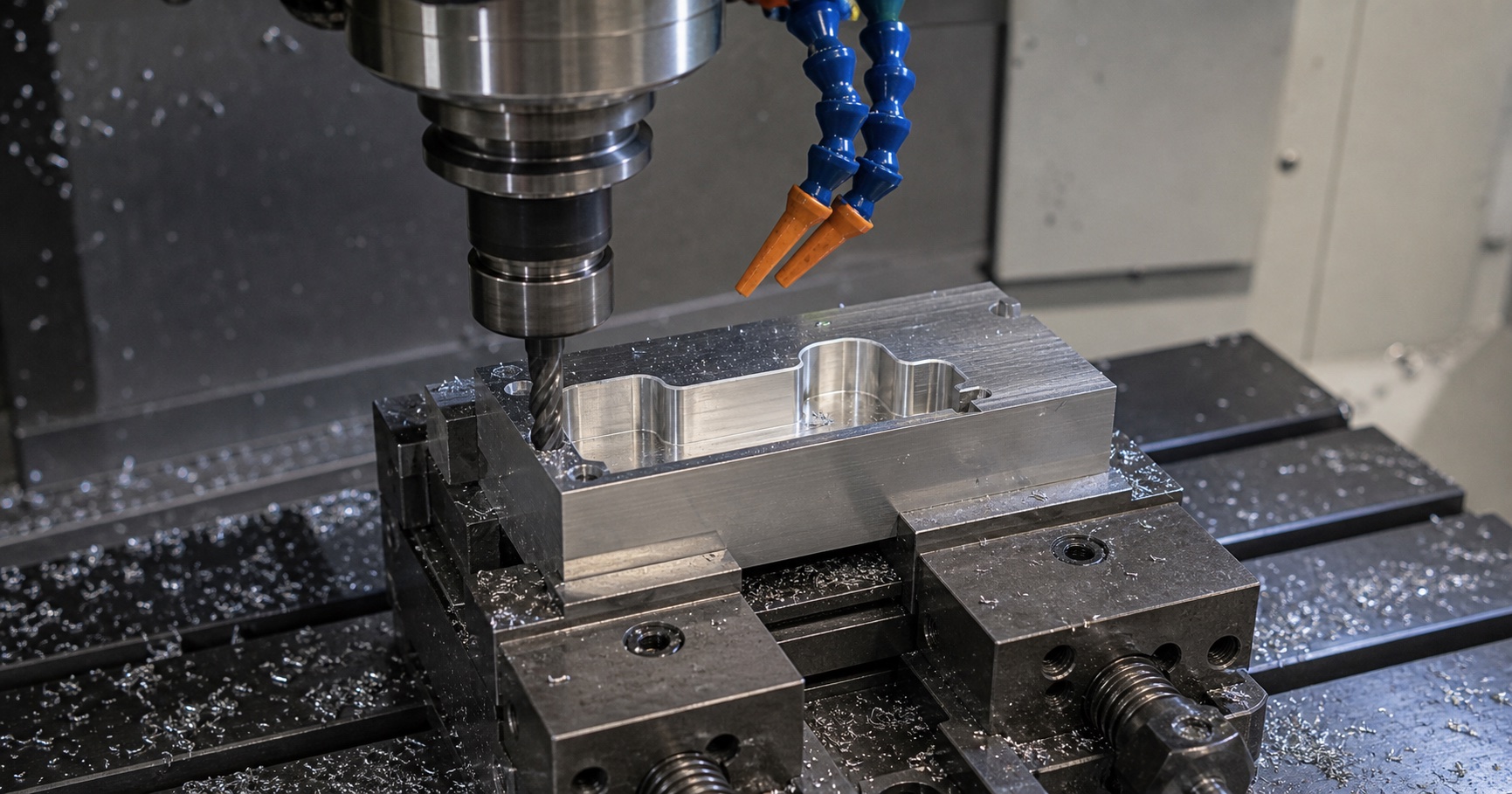 Custom soft jaw pocket being machined in a CNC mill