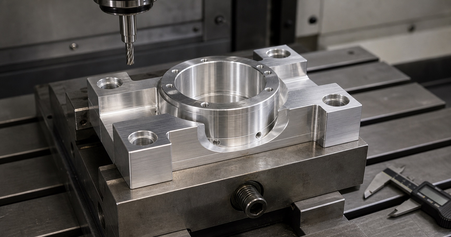 Round aluminum part held in custom machined soft jaws