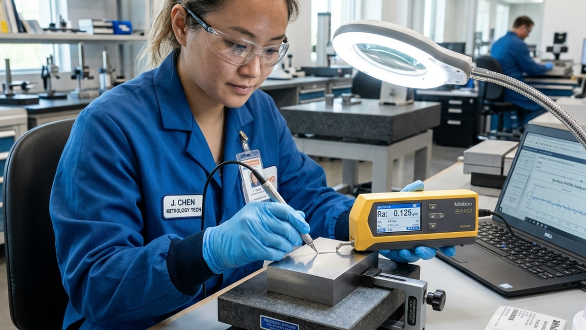 Metrology lab technician using a stylus surface roughness tester to measure the Ra roughness of a precision-ground steel block under a magnifying light