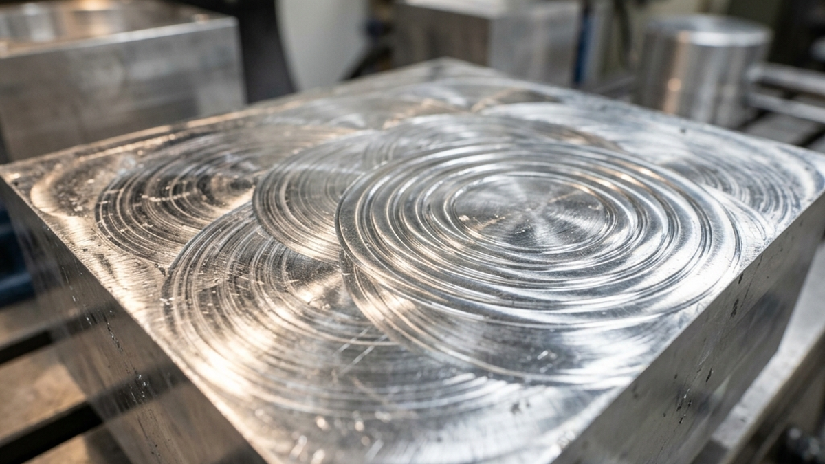 Raw CNC-machined aluminum block showing clean, visible toolpaths, circular swirl marks, and metallic reflections
