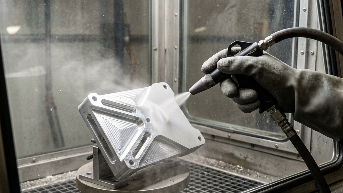 Action shot of a gloved hand using a bead blasting nozzle inside a glass inspection chamber to blast fine ceramic beads onto a CNC machined aluminum bracket