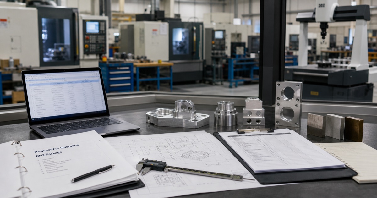 RFQ packet and machined parts for choosing a CNC machine shop