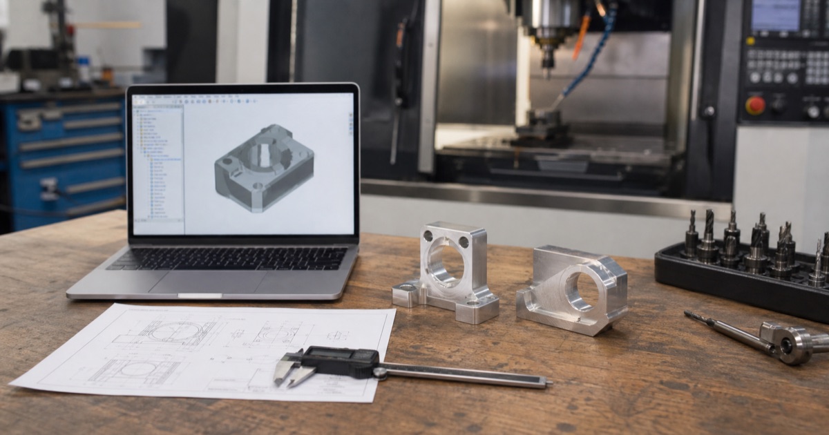 Laptop with CAD model, engineering drawing, calipers and CNC machined aluminum prototype parts on a shop workbench