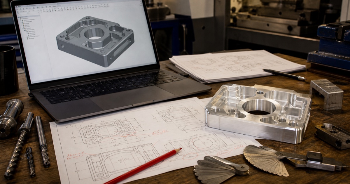 CAD model, engineering drawing, end mills and a machined aluminum part during a CNC DFM review