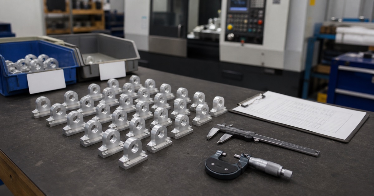 Small low-volume batch of machined aluminum parts arranged for inspection with calipers and a checklist