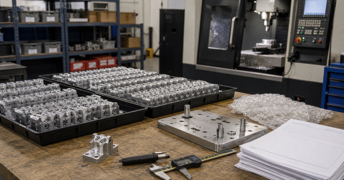 Organized trays of finished machined parts, fixture plate, inspection tools and packing materials for CNC production scaling