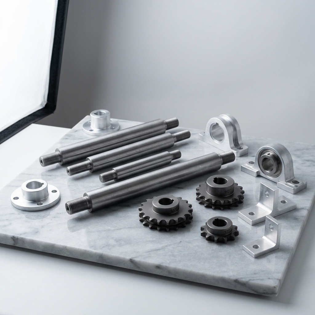 Machined steel conveyor roller shafts and aluminum brackets in Oakland