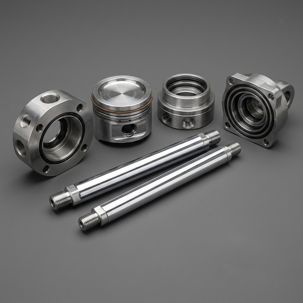 CNC machined hydraulic cylinder pistons and chrome-plated rods in Oakland