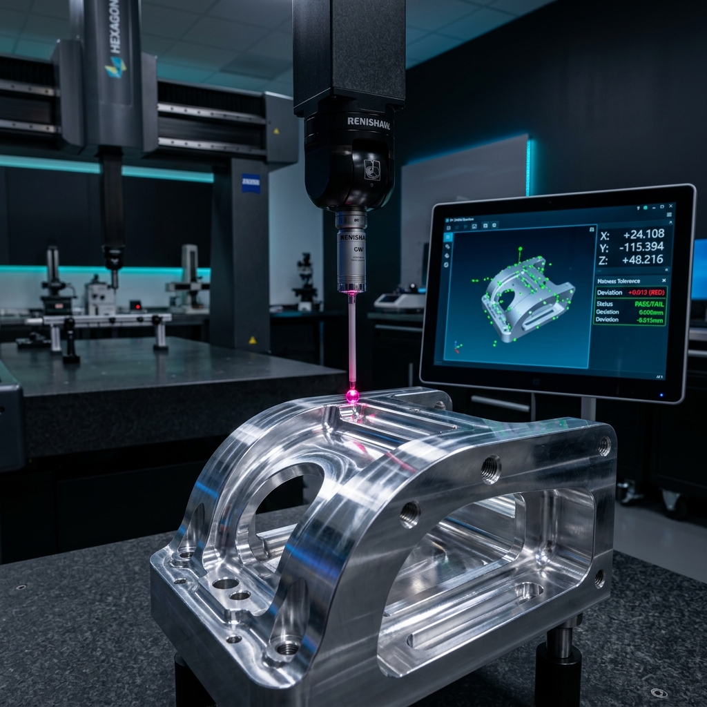 Coordinate Measuring Machine (CMM) ruby-tipped probe inspecting a part