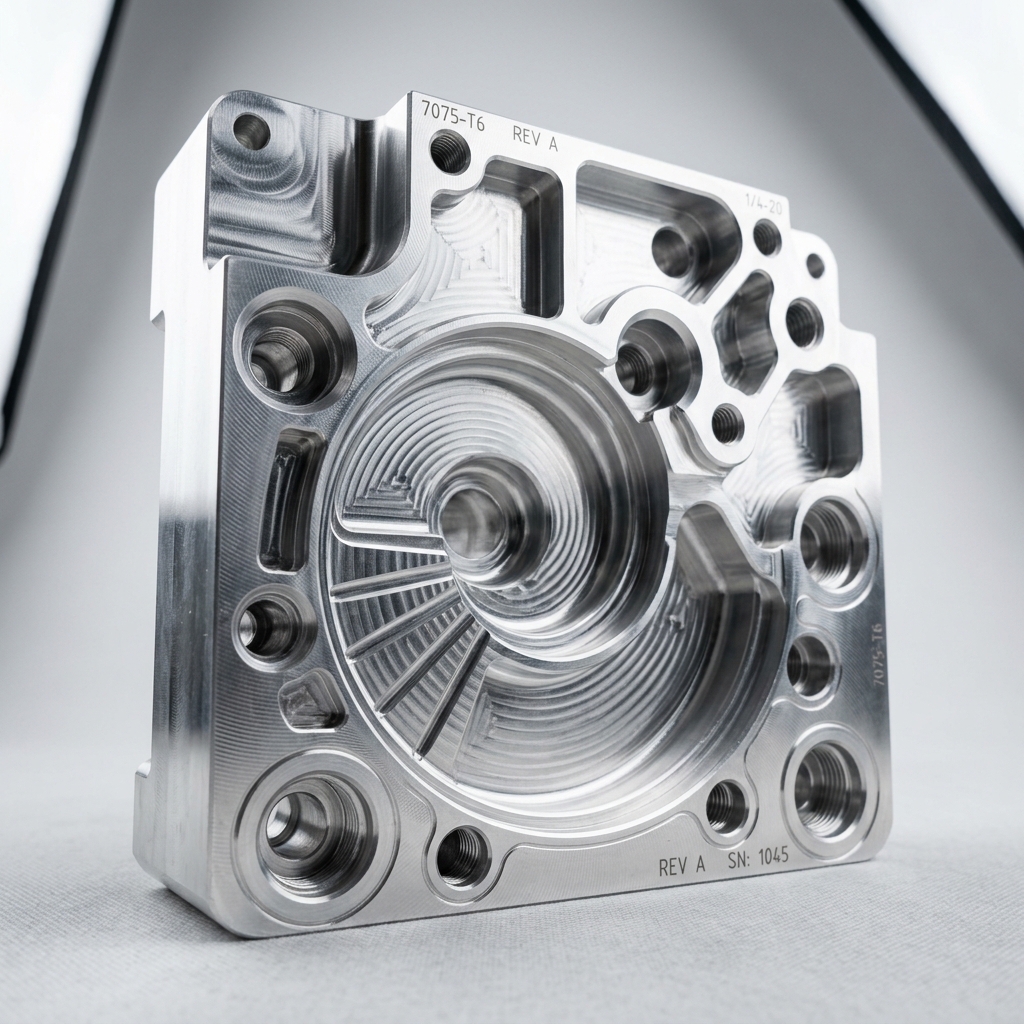 CNC milled aluminum housing in a machining fixture with a milling cutter