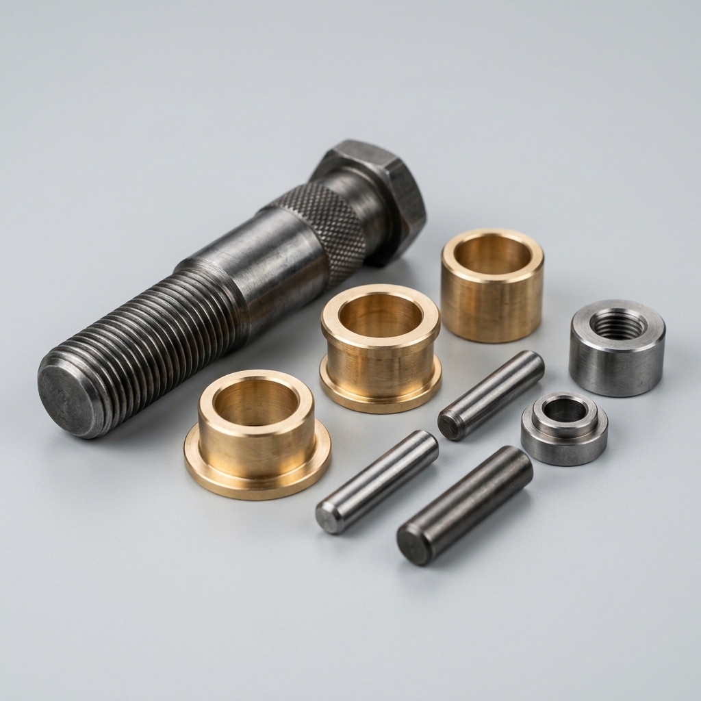 Precision CNC turned shafts, bushings, and threaded fittings in a lathe