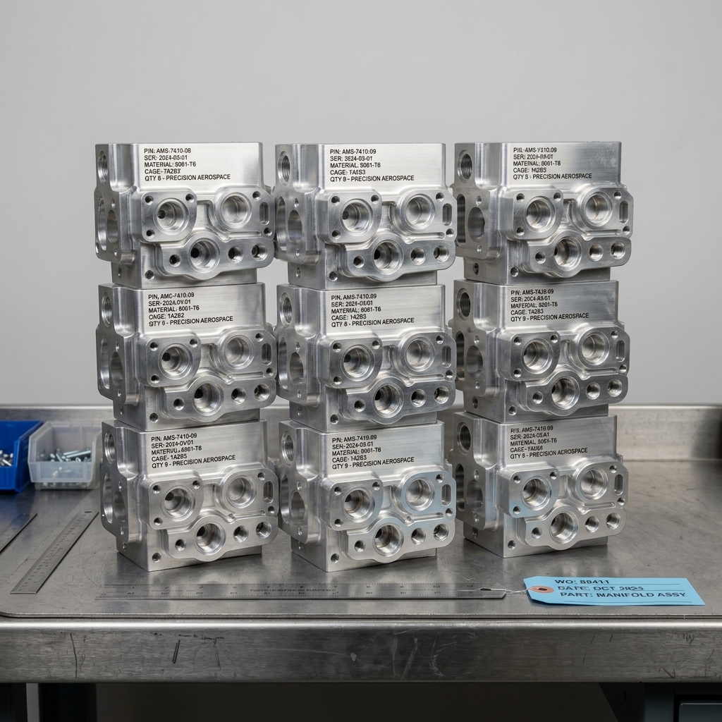 Repeated CNC machined aluminum parts arranged for a production run