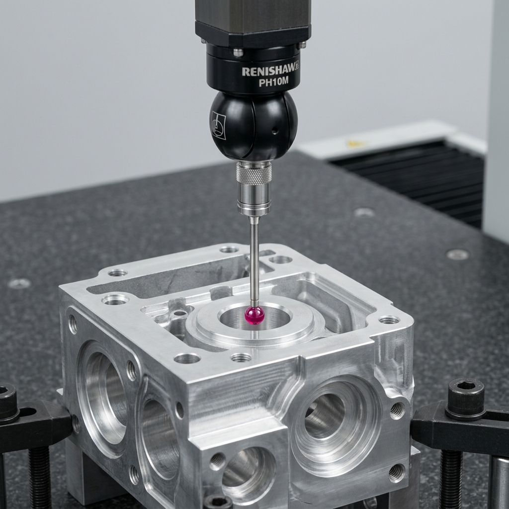 CNC machined part being inspected with a CMM probe and dimensional report
