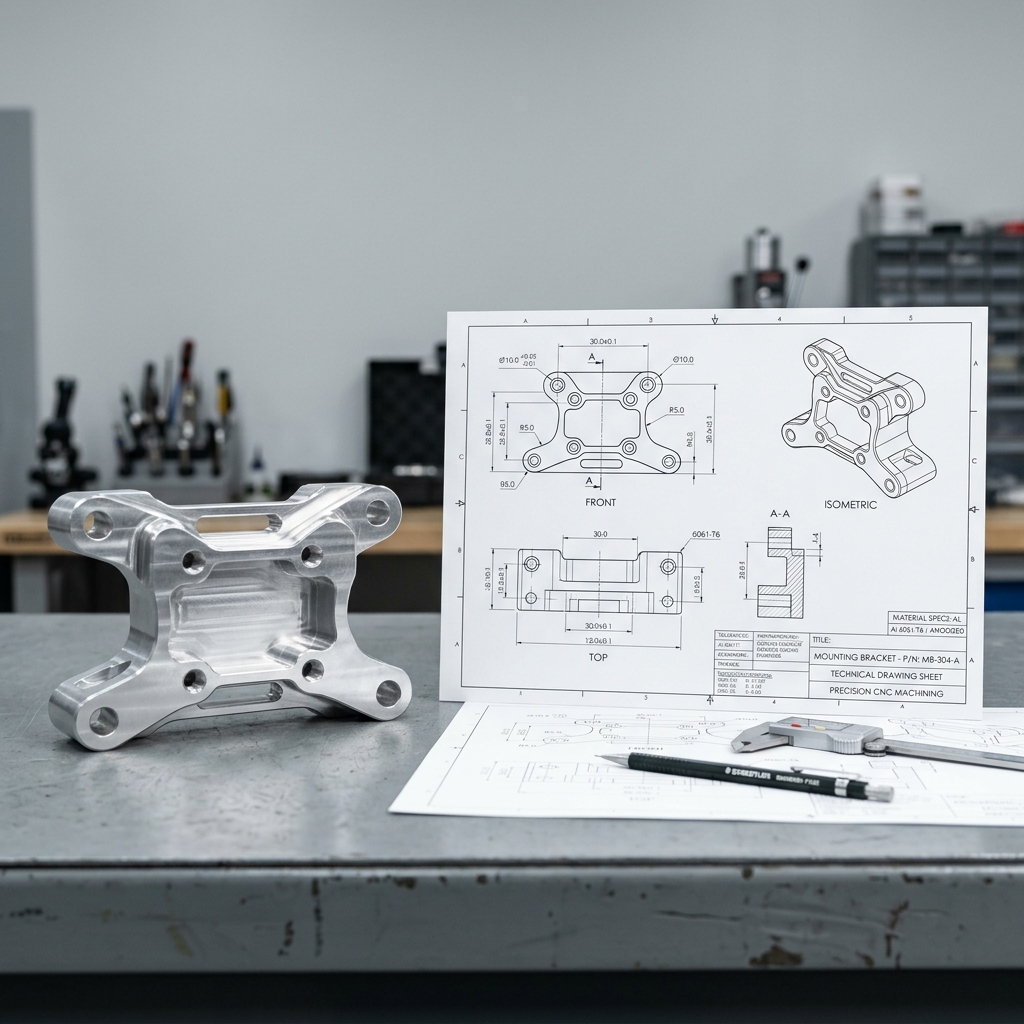 Rapid CNC prototype parts with technical drawings and calipers