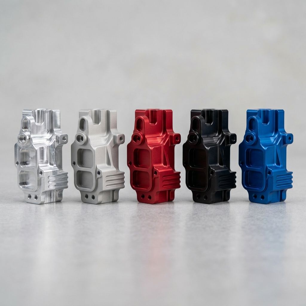 Identical CNC machined parts in raw, bead blasted, anodized, and plated finishes