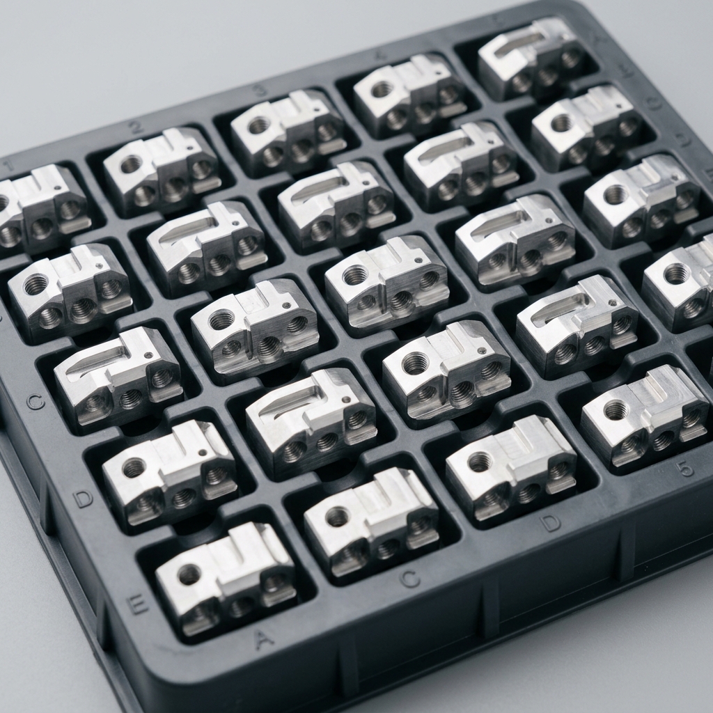 Tray of repeated CNC machined aluminum production parts